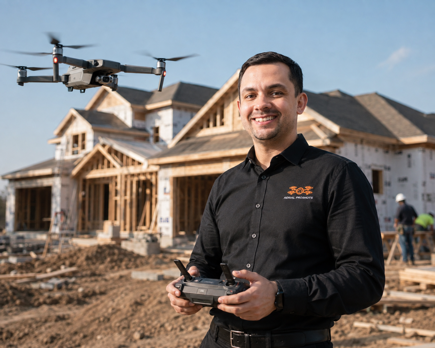 Igor Coelho flying a drone over a home under construction, Aerial Proshots